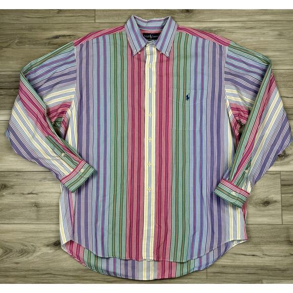 Vintage Polo‎ Ralph Lauren Rainbow Striped Patchwork Button Shirt XL Blaire Prep - Picture 1 of 4